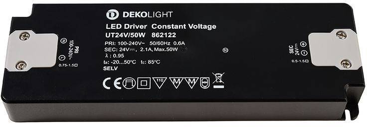 LED-gonilnik znamke Dekolight, model UT24V/50W, s konstantnim izhodnim tokom, vhod 100-240V, izhod 24V, maks. 50W.