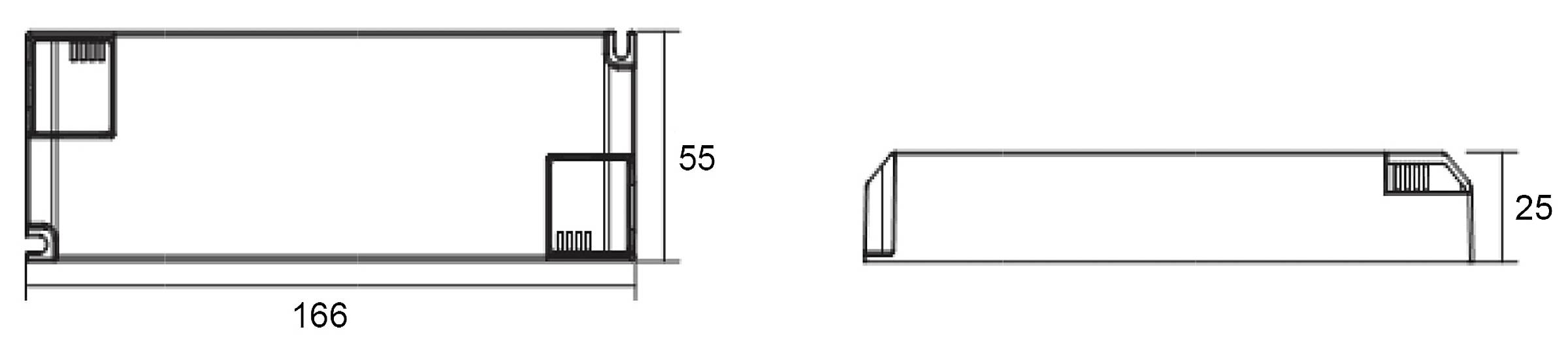 Tehnična risba pravokotnega predmeta z dimenzijami 166 x 55 x 25 mm. Stranski in čelni pogled.