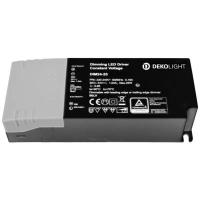 LED-driver s konstantno napetostjo, model DIM24-25. Vhod: 220-240V, izhod: 24V/1,04A, maks. 25W. Primeren za zatemnjevanje s faznim krmiljenjem.