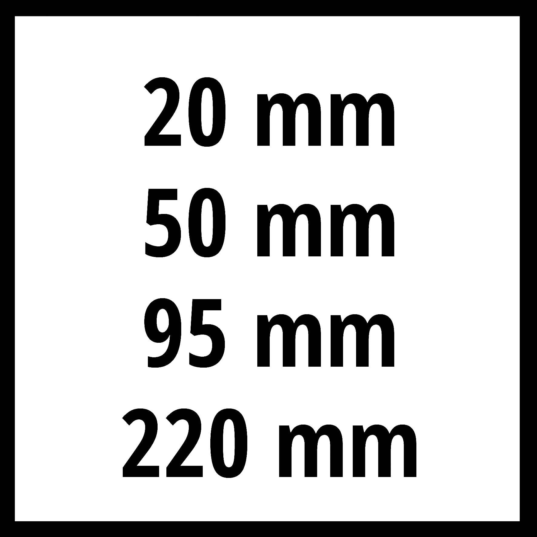 '20 mm, 50 mm, 95 mm, 220 mm' v črni pisavi na belem ozadju.