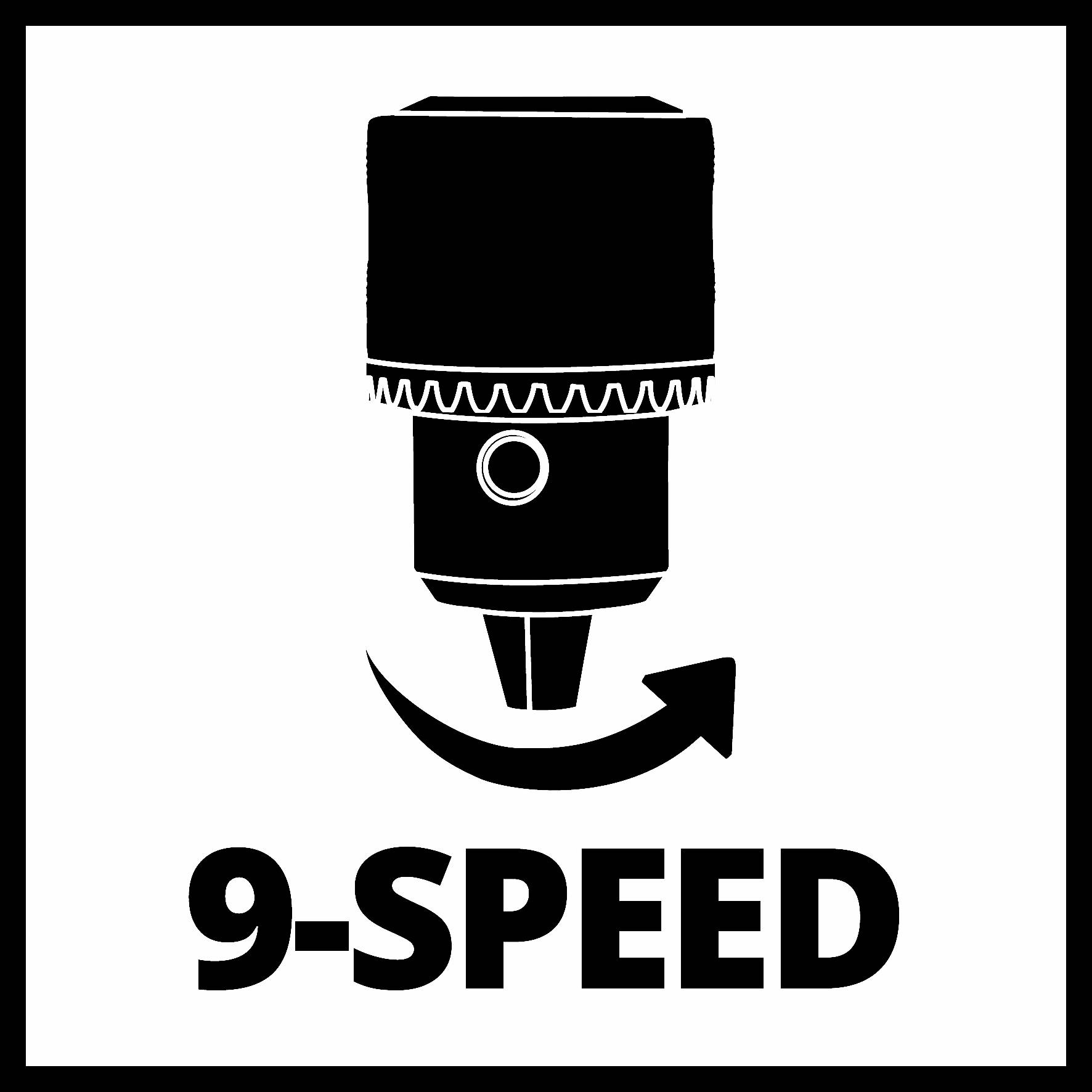 Senca nadstavka za vrtanje nad ukrivljeno puščico. Spodaj piše '9-Speed', kar nakazuje na devet stopenj hitrosti.