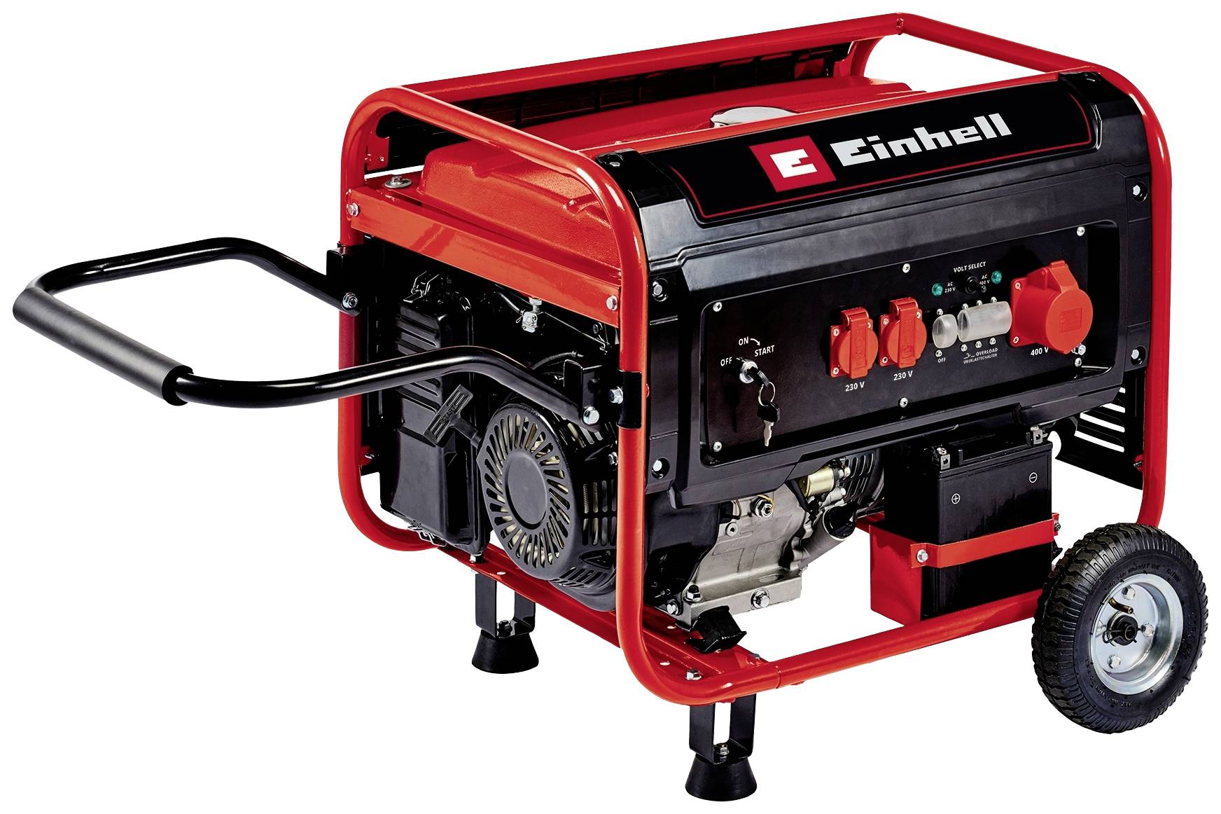 Rdeč električni generator s stranskimi upravljalnimi elementi in črnim ohišjem, nameščen na kolesih za enostaven transport.