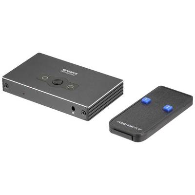 Črn HDMI stikalo z dvema priključkoma in daljinskim upravljalnikom z dvema modrima gumboma, označenima z '1' in '2'.