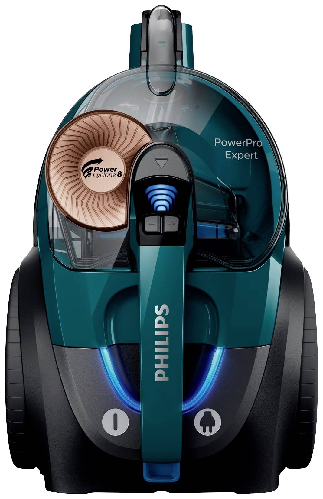 Sesalnik 'Philips PowerPro Expert' v turkizni barvi s PowerCyclone 8 tehnologijo. Pogled sprednjih elementov prikazuje dizajn in upravljalne elemente.