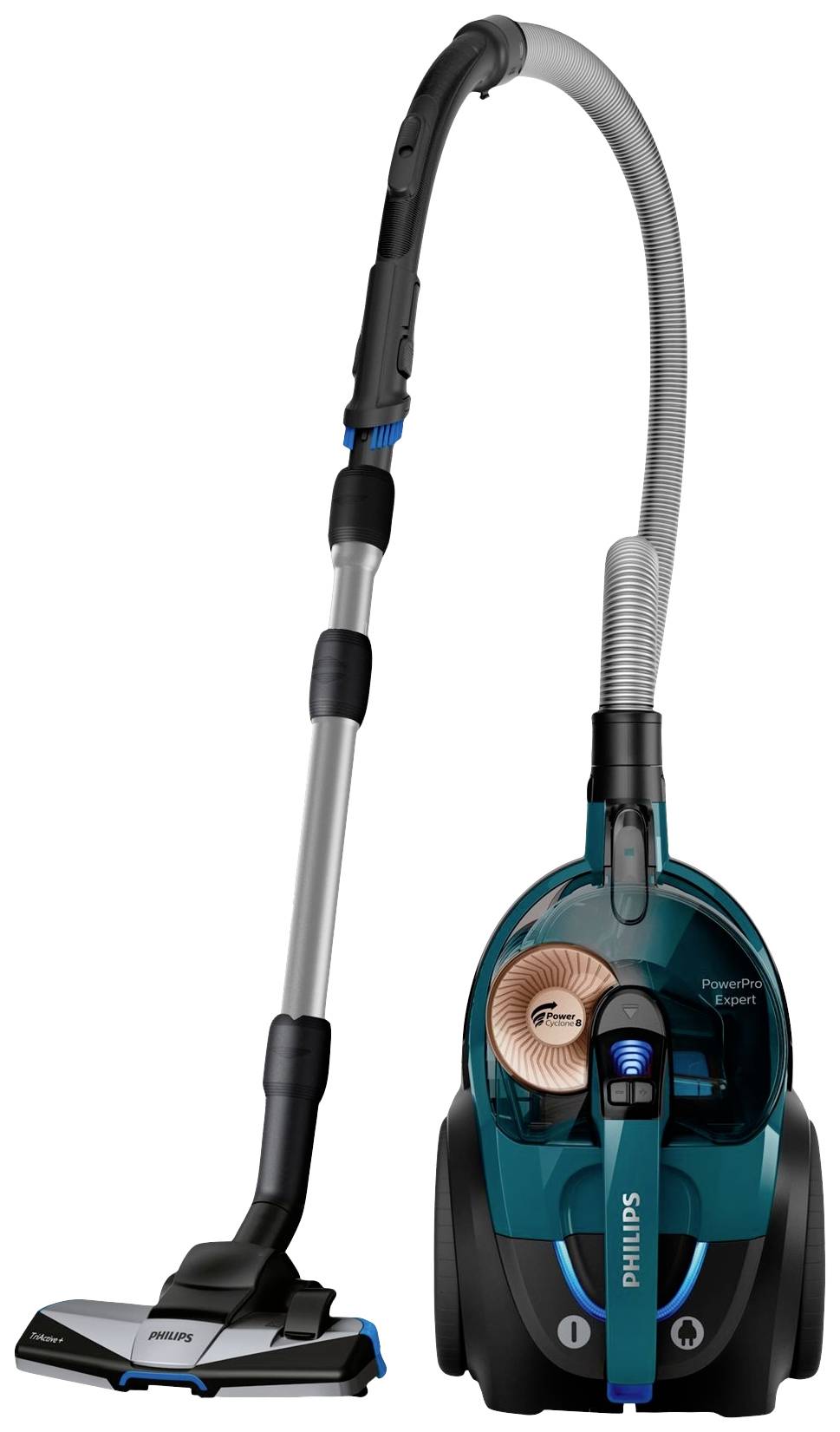 Moder sesalnik znamke Philips s prosojnim zbiralnikom umazanije in dolgim, fleksibilnim cevnim nastavkom.