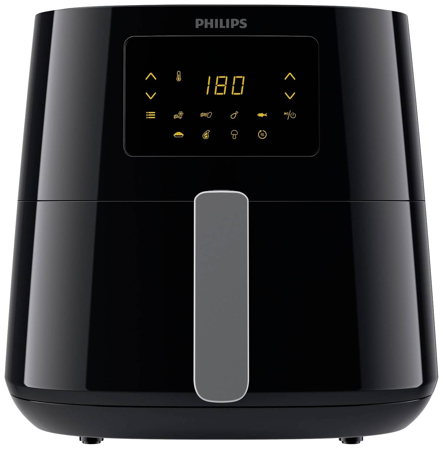 Črn Philips Airfryer z digitalnim upravljalnikom, prikazovalnikom temperature in simboli za upravljanje načinov pečenja.