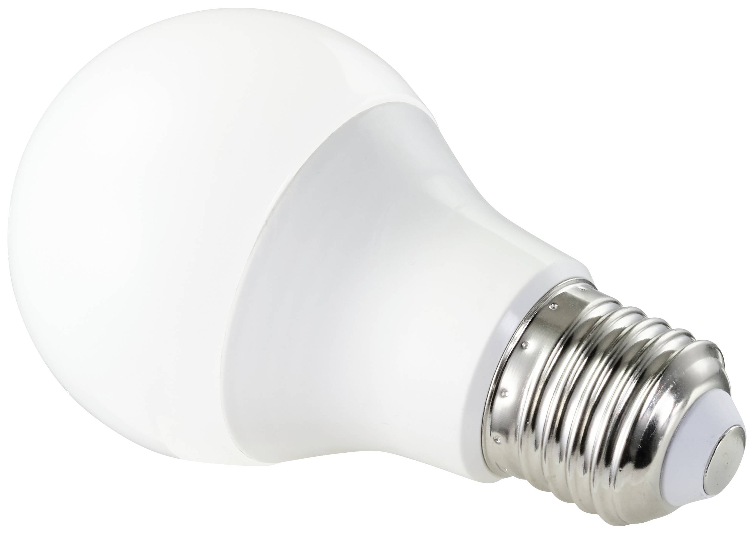 Bela LED-žarnica s kovinskim grlom leži na strani.