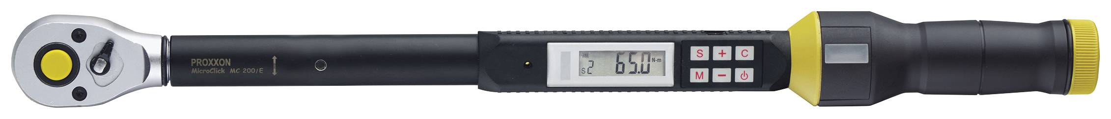 Elektronski momentni ključ z digitalnim zaslonom za natančne meritve, z rumenim in črnim ročajem, primeren za delavniška opravila.