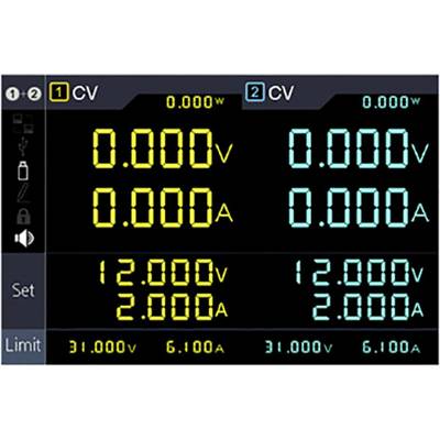 Digitalni zaslon multimetra z dvema meritvama napetosti in toka: zgoraj 0,000 V, 0,000 A; spodaj 12,000 V, 2,000 A.