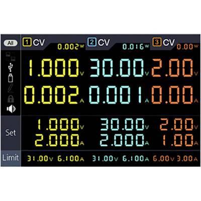 Zaslon napajalnika prikazuje tri napetostne in tokovne kanale: 30,00 V, 6,10 A; 31,00 V, 6,10 A; 6,00 V, 3,00 A.