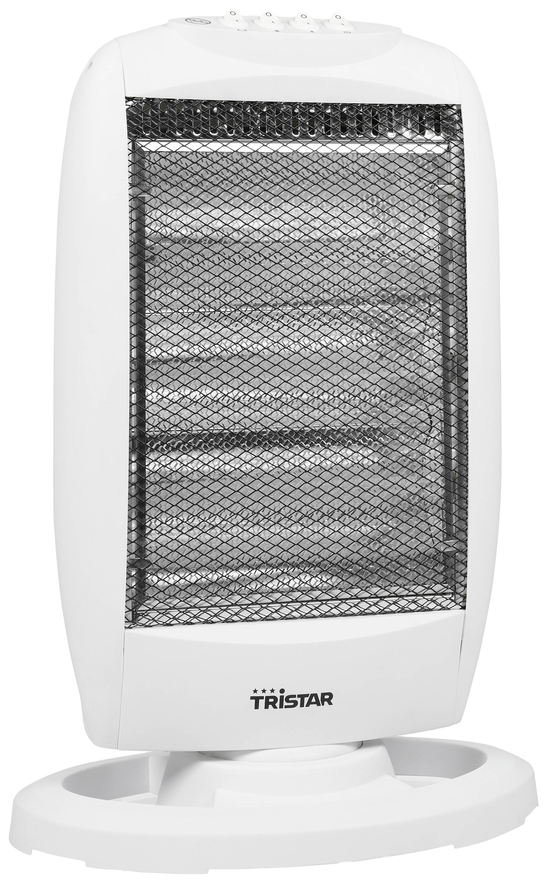 Bel električni grelni ventilator s črno rešetko na okrogli osnovi. Ime blagovne znamke 'TRISTAR' je napisano spodaj.