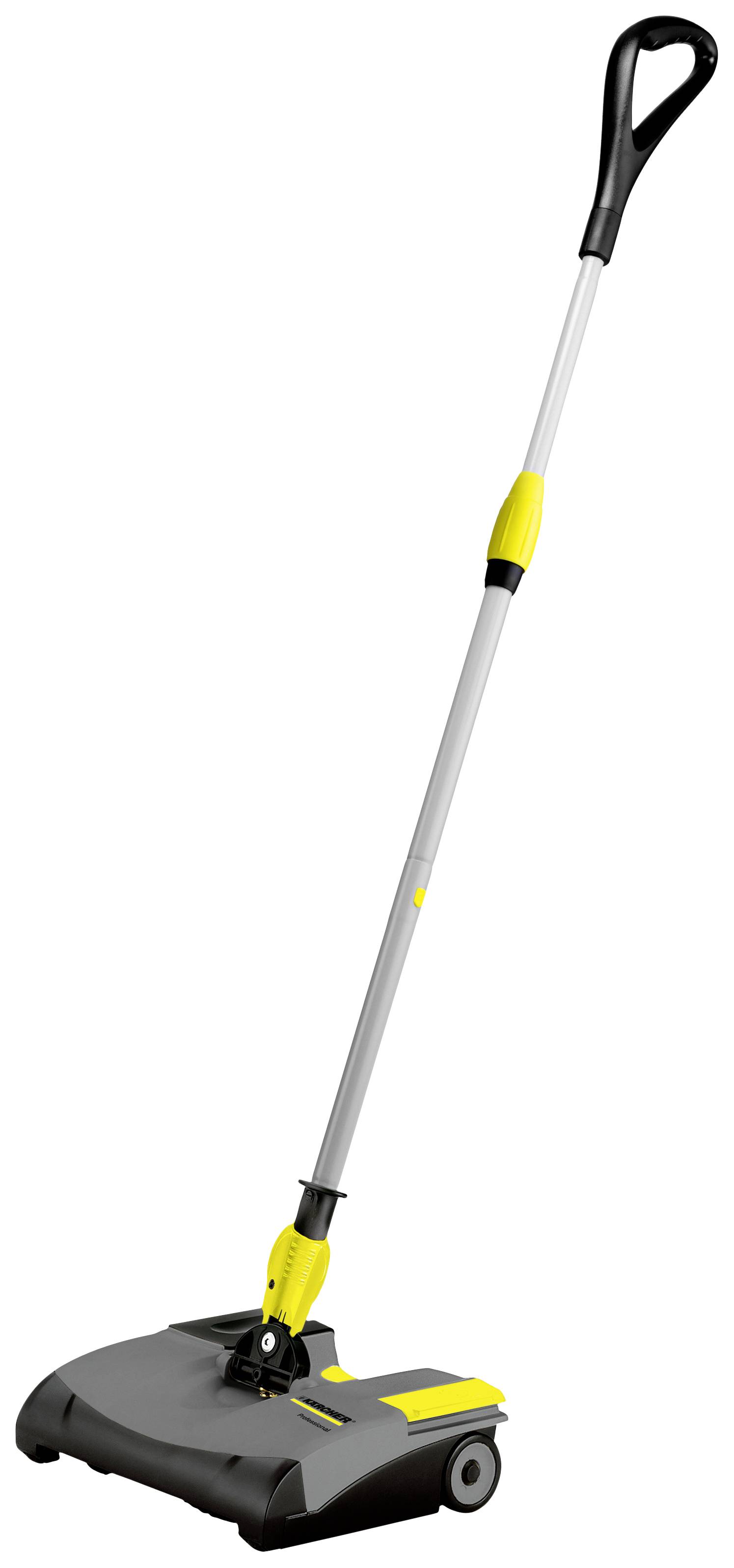 Rumeni in črni električni čistilni metel z dolgim ročajem in kolesi, primeren predvsem za čiščenje manjših površin.