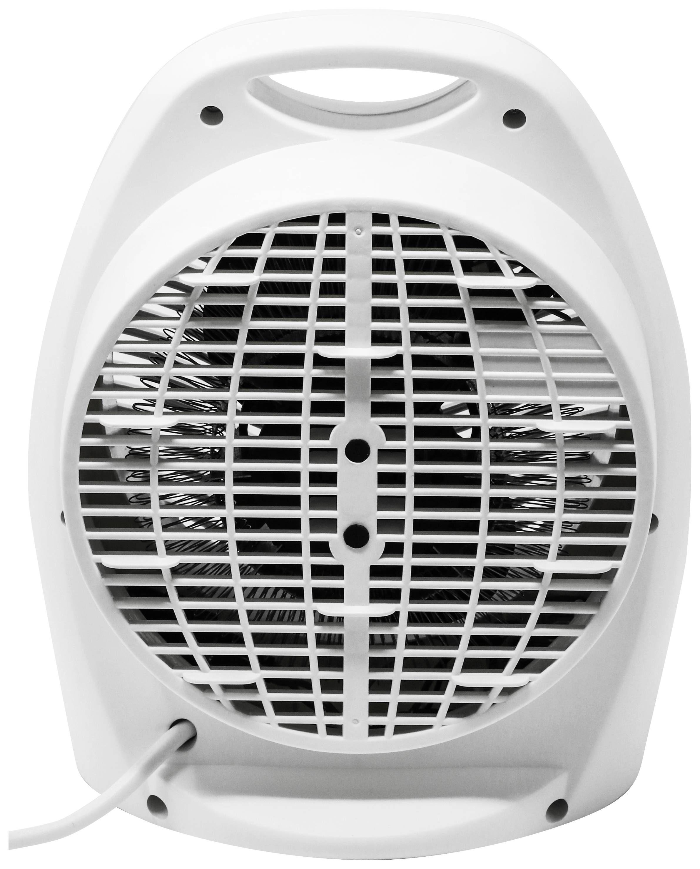 Bel namizni ventilator z mrežasto zaščito in kablom. Pretežno se uporablja za kroženje zraka v notranjih prostorih.