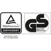 Dva preizkusna znaka: 'TÜV Rheinland CERTIFICIRANO' s trikotnikom in 'GS preizkušena varnost'. Spodaj spletna stran in ID-številka.