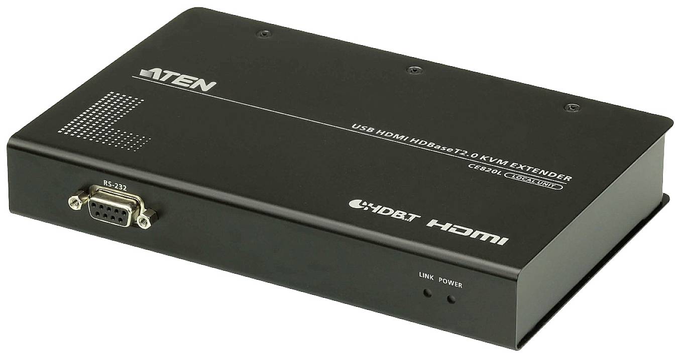 Schwarzer ATEN USB HDMI podaljševalnik za HDBaseT 2.0, model CE920. Naprava ima priključke za RS-232 in HDMI.