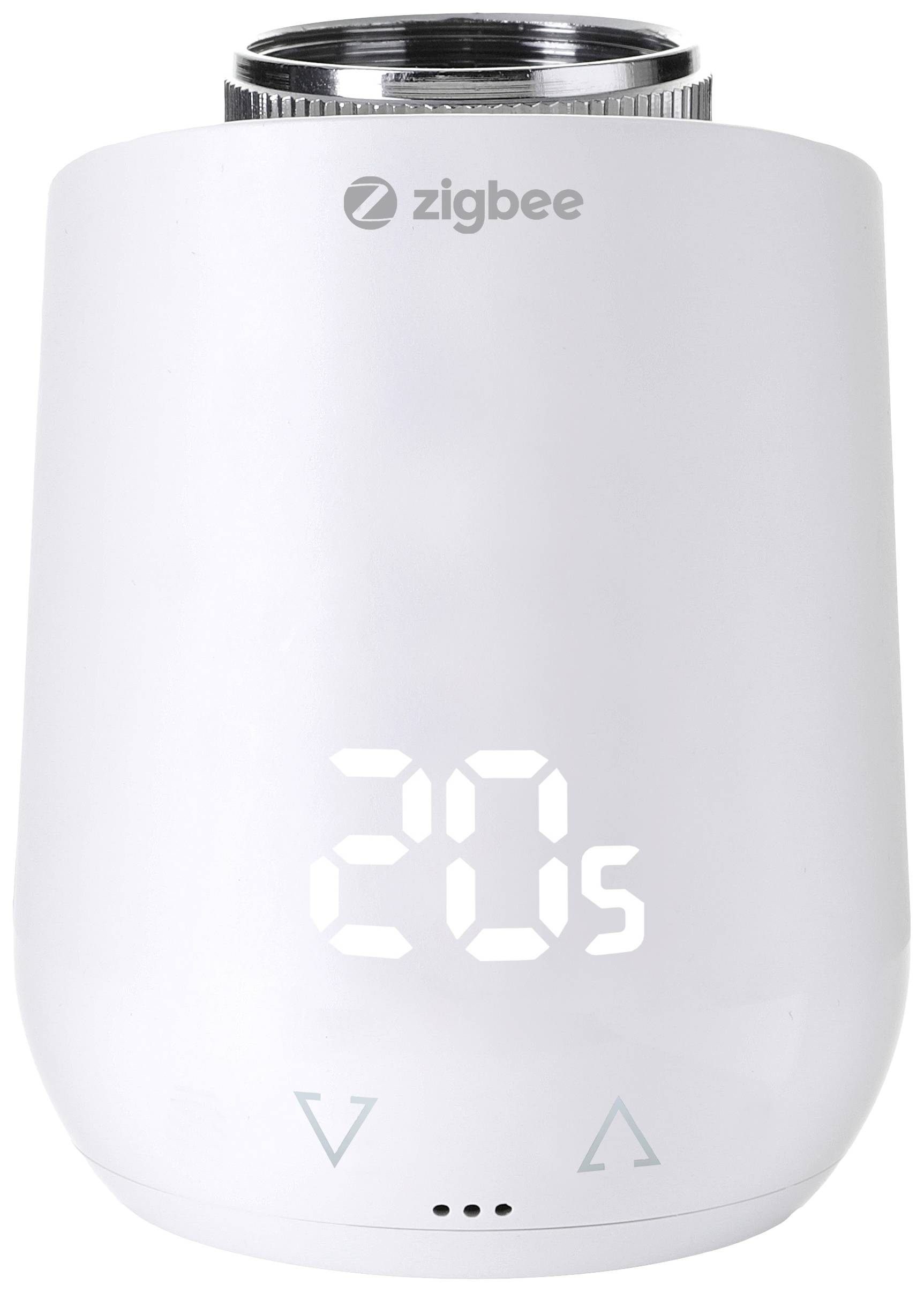 Bela Zigbee naprava z digitalno zaslonom, ki prikazuje '20s' na sprednji strani. Ima simbole 'V' in puščice spodaj.