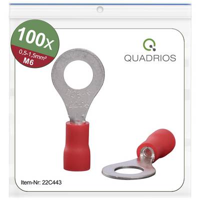 Komplet 100 rdečih kabelskih čevljev z obročasto uho, velikost M6, za prereze kablov od 0,5 do 1,5 mm². Številka artikla 22C443.