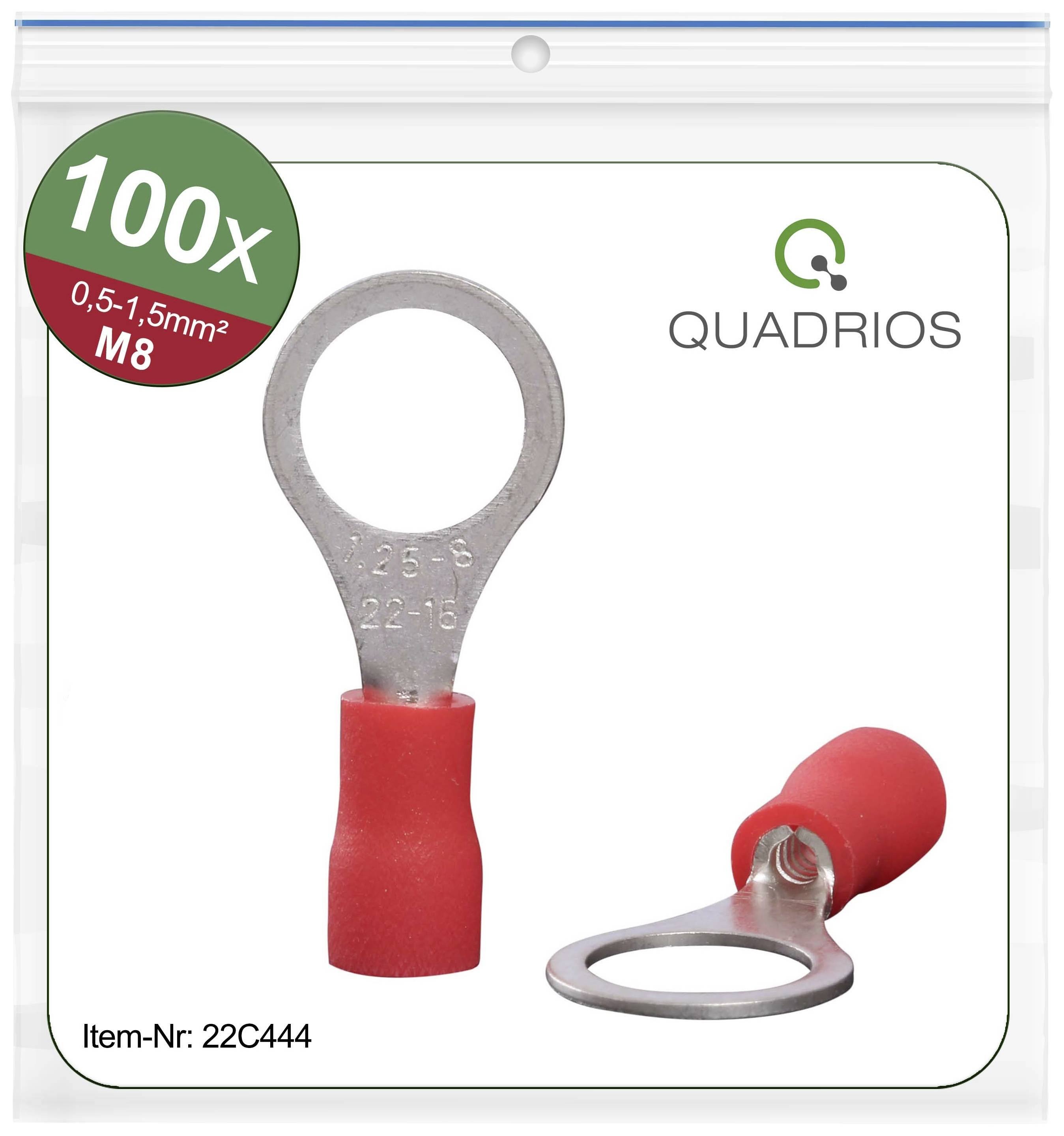 Slika prikazuje rdeče kabelske čevlje znamke QUADRIOS, 100 kosov, za presek 0,5-1,5 mm², M8. Številka izdelka: 22C444.