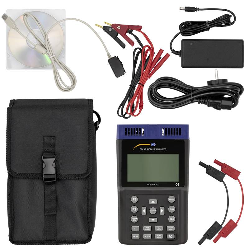 Solarni analizator celic z opremo: dva kabla s sponkami, USB-kabel, omrežni adapter, torba za prenašanje in CD.