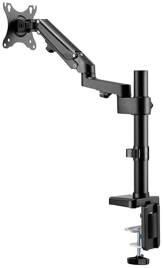 Nastavljiva namizna roka za monitor v črni barvi, pritrjena na rob mize s sponko. Idealna za ergonomsko postavitev zaslona.