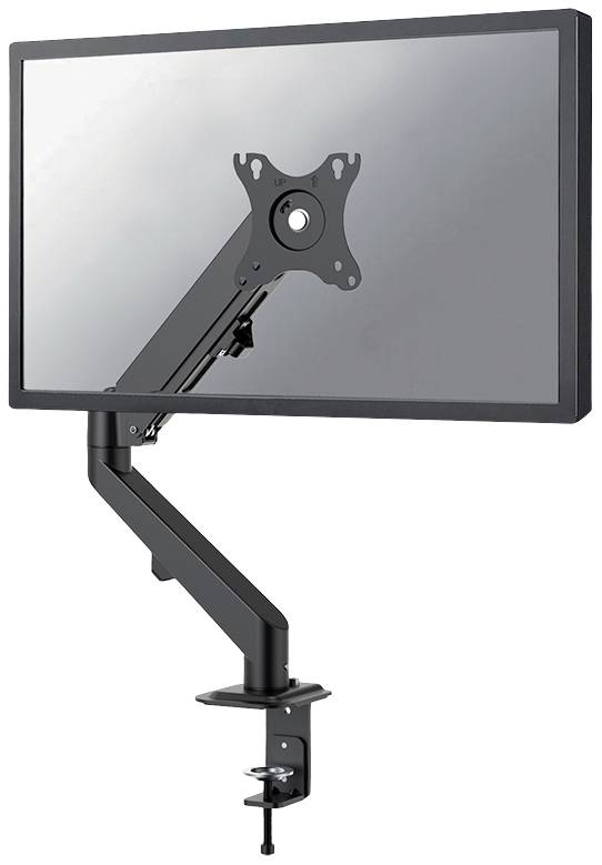 Črn samostoječ nosilec za monitor z objemko za mizo, ki drži ploščat zaslon. Idealen za fleksibilno postavljanje zaslona.