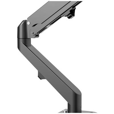 Bližnji posnetek črne, nastavljive roke za monitor pred belo ozadjem. Roka ima sklepe za fleksibilno postavitev.