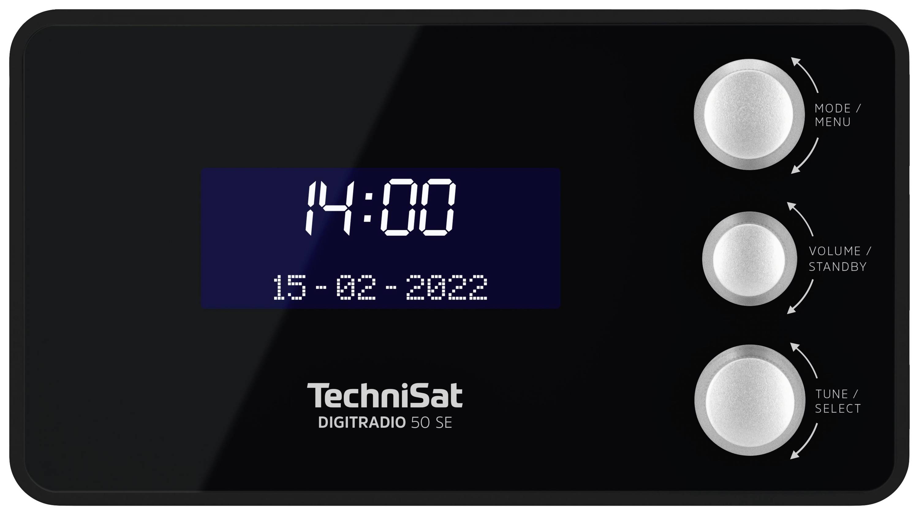 Črn digitalni radio s tremi gumbi na desni strani. Na zaslonu je zgoraj prikazano '14:00' in spodaj datum '15-02-2022'. Znamka: TechniSat.