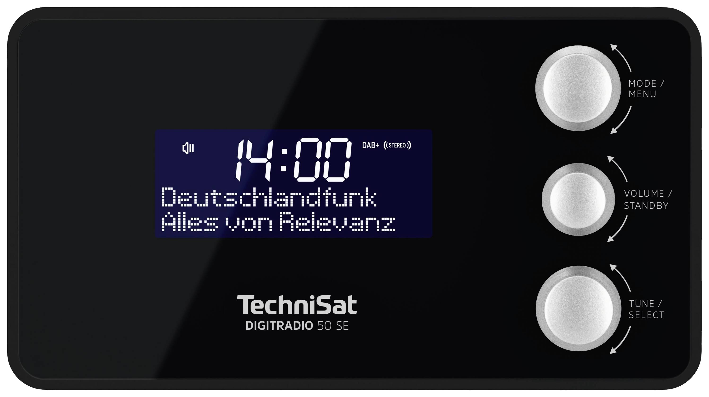 Kompaktni digitalni radio z zaslonom. Prikazuje '14:00, Deutschlandfunk, Vse pomembno'. Tri okrogli upravljalni elementi na desni.