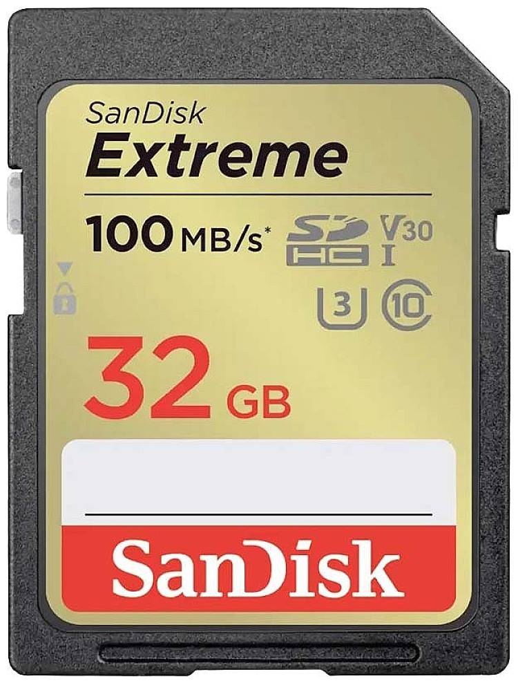 SanDisk Extreme SD-kartica, 32 GB pomnilniške kapacitete, 100 MB/s bralna hitrost, V30, razred 10, za hitro prenos podatkov.