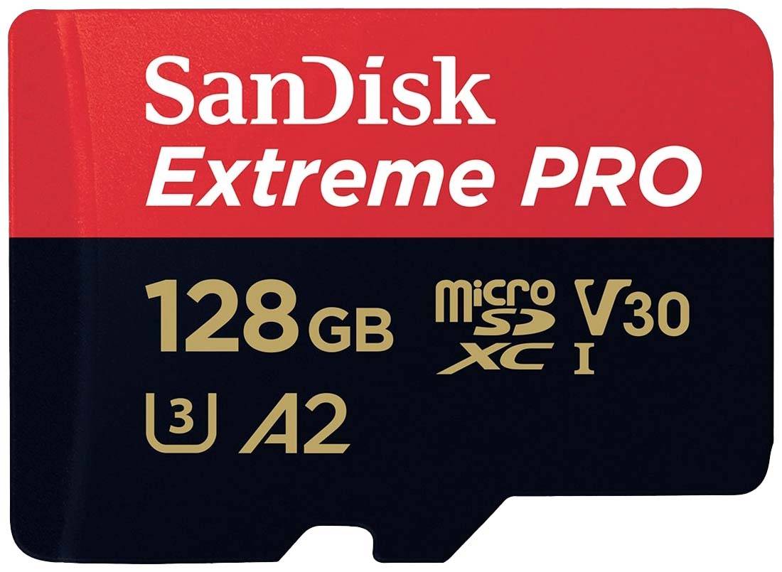SanDisk Extreme PRO 128 GB microSD kartica z oznakama U3, A2, V30 za hitro prenos podatkov in napredne funkcije shranjevanja.
