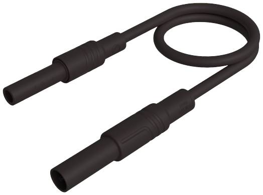 Črn, fleksibilen kabel z dvema priključkoma na konceh; verjetno za elektronske naprave.