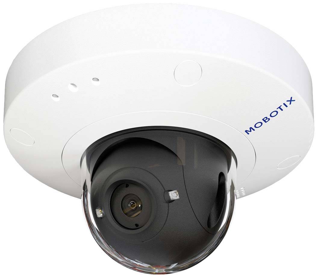 Stropna nadzorna kupola kamera znamke Mobotix s črnim objektivom in belim ohišjem.
