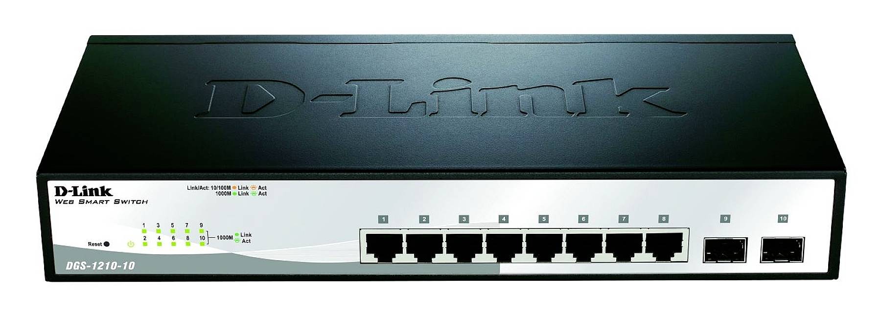 Črn mrežni stikalni element znamke D-Link z osmimi ethernet priključki in dvema optičnima portoma. LED indikatorji so vidni na sprednji strani.