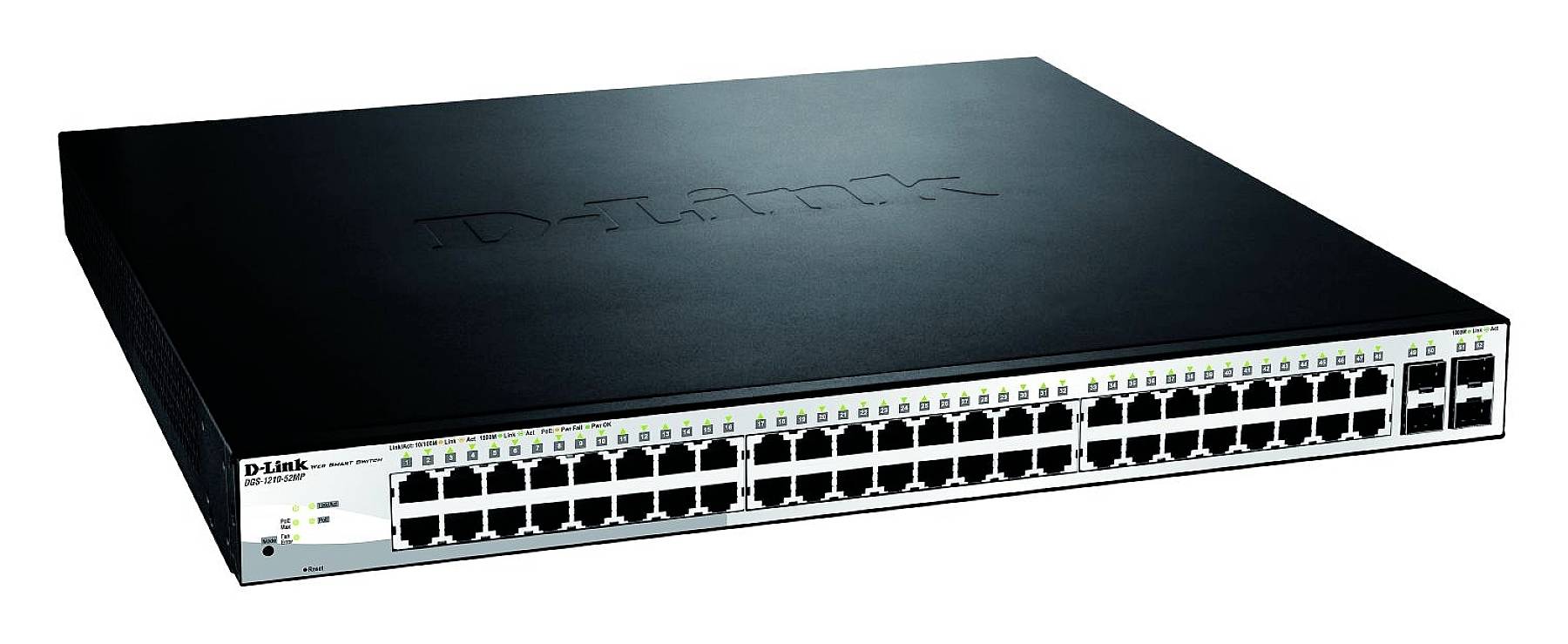 Črn mrežni switch s 48 ethernet vrati na sprednji strani, primeren za velike omrežne namestitve.