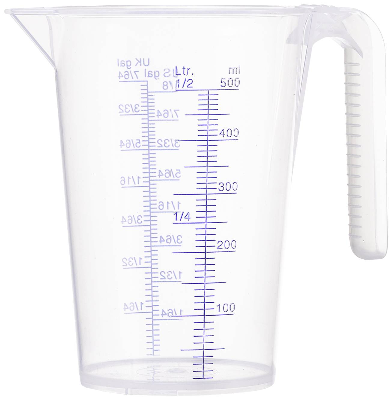 Merilni kozarec iz prozornega plastičnega materiala z merilno skalo v mililitrih in litrih do 500 ml. Ergonomski ročaj na desni strani.