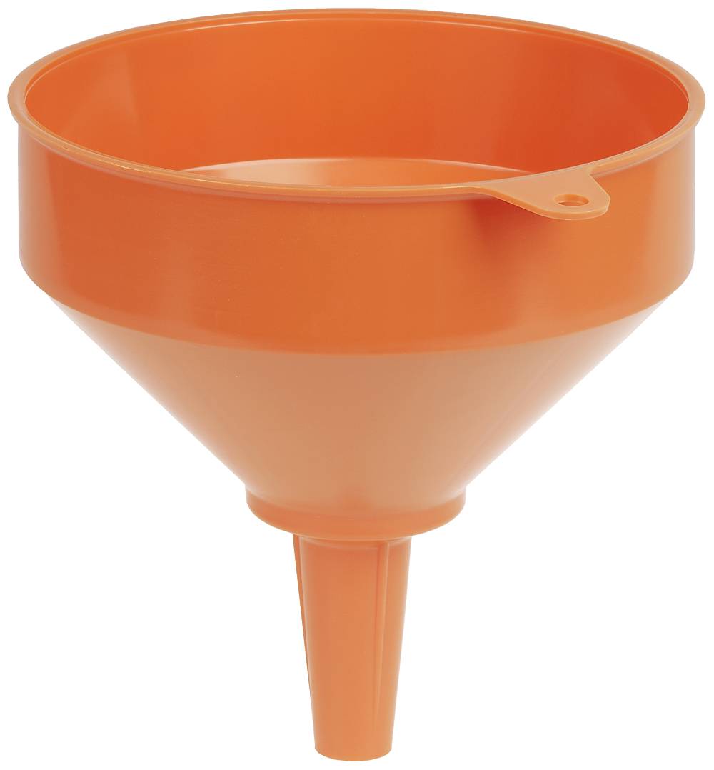 Oranžen plastični lijevak z ročajem, idealen za pretakanje tekočin v posode z majhno odprtino.