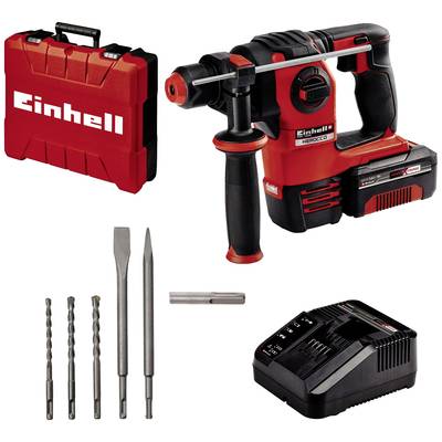 Einhell set vrtalnega kladiva z rdečim orodnim kovčkom, vrtalnikom, dleti in polnilnikom.