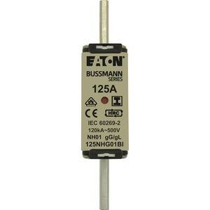 NH-varnostna varovalka znamke Eaton Bussmann, 125A, 500V, z oznakama CE in HRC. Modelna številka: 125NHG01BI.