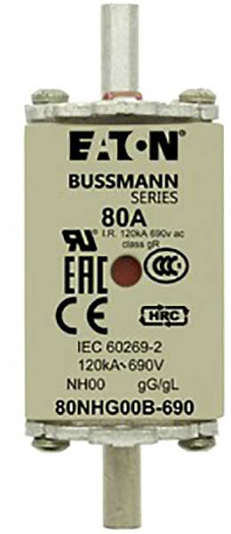 Varovalka 'Eaton Bussmann Series' z 80A. Prikazuje več certifikacijskih oznak in tehničnih specifikacij za električne aplikacije.