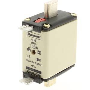 NH-varovalka, model NH00 gG/gL podjetja Bussmann, 125A, z kovinskimi kontakti in plastičnim ohišjem. Primerna za 500V aplikacije.