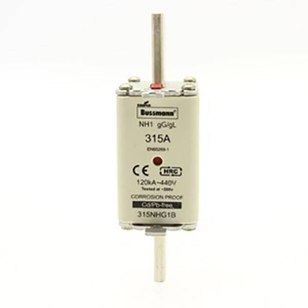 Elektronska varovalka z napisom 'Bussmann 315A 120kA - 440V', primerna za industrijske aplikacije.