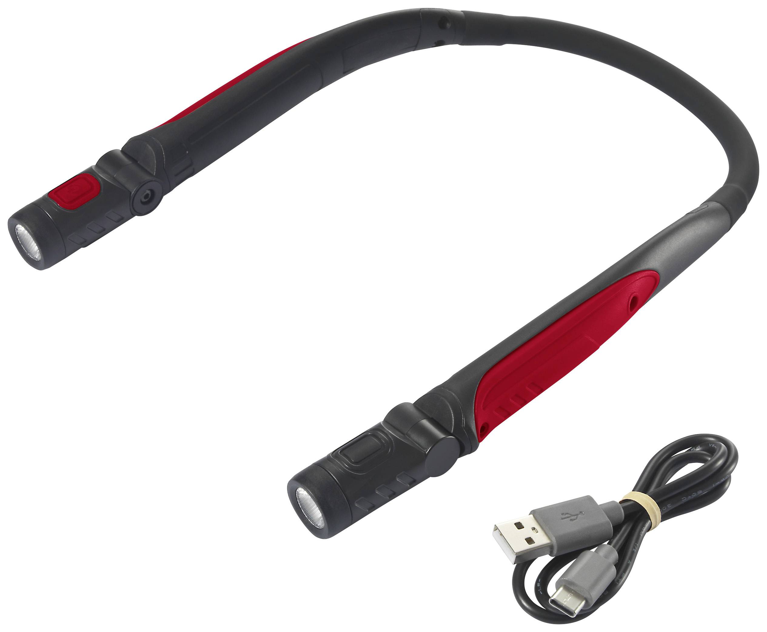 Fleksibilna namizna LED-svetilka v črni in rdeči barvi z USB-polnilnim kablom.