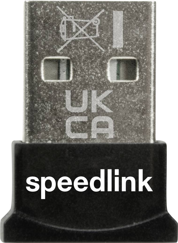 Majhen USB-adapter z napisom 'speedlink'. Zgoraj so simboli s prečrtanim smetnjakov in črkami 'UKCA'.