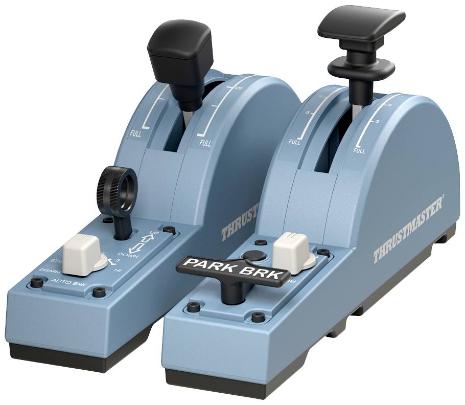 Dva modra potisna vzvoda znamke Thrustmaster, ki simulirata krmiljenje potiska letala. Vzvoda sta označena z napisoma 'Polno' in 'Mirovanje'.