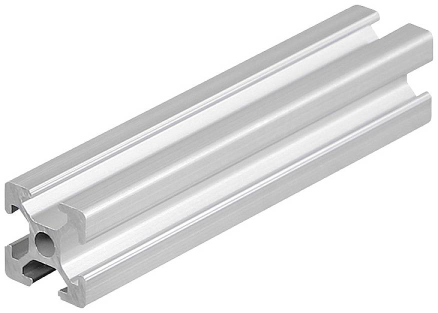 Srebrni aluminijasti profil s štirimi enakomerno razporejenimi T-oblikovanimi zarezbami. Pogosto se uporablja za modularne konstruktivne sisteme.