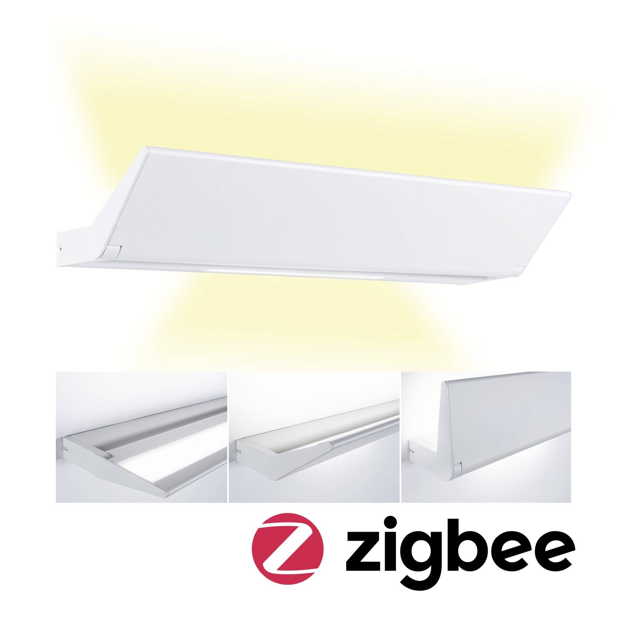 Bela LED plošča, združljiva z Zigbee, prikazana v več pogledih, kaže svoje možnosti namestitve. Prikazan je logotip Zigbee.