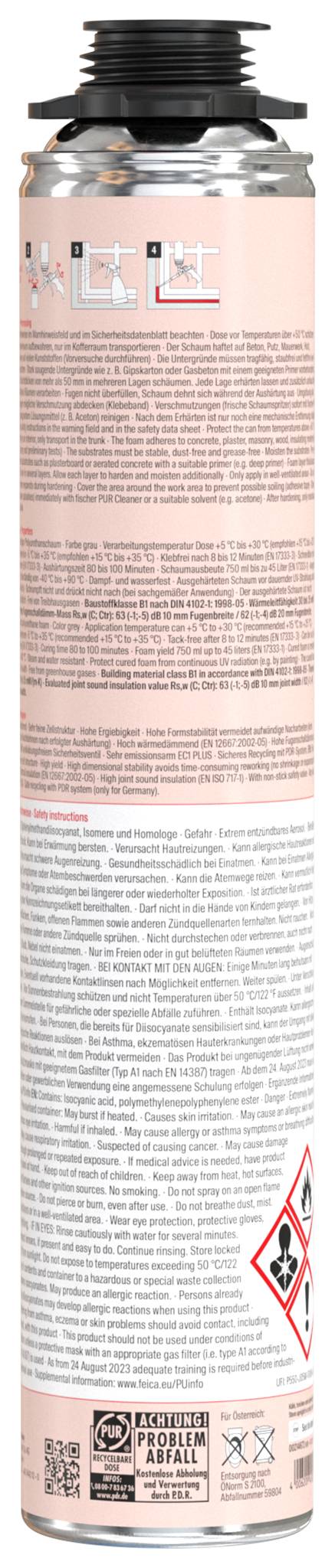 Steklenica, na kateri so prikazane informacije o izdelku in varnostna opozorila v več jezikih. Na dnu so vidni nevarnostni simboli in logotipi za recikliranje.