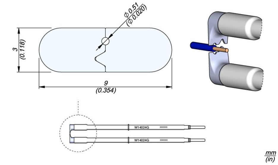Diagram valja elektronske komponente z merami: premer 0,51 mm, dolžina 9 mm. Dva priključna vodnika sta poudarjena.