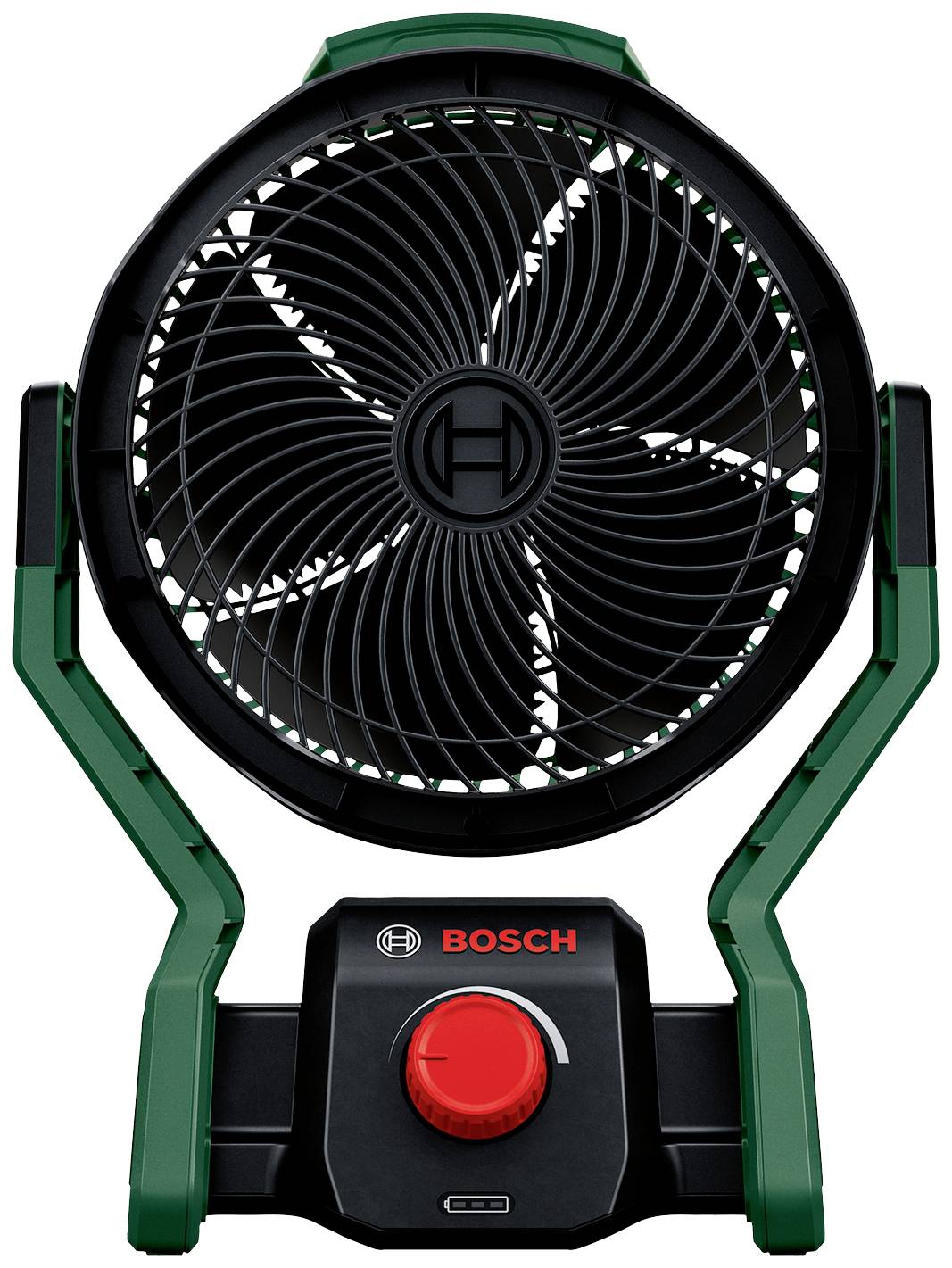 Prenosni zeleni Bosch ventilator s črno zaščitno mrežo in rdečim sukljivim gumbom za uravnavanje hitrosti.