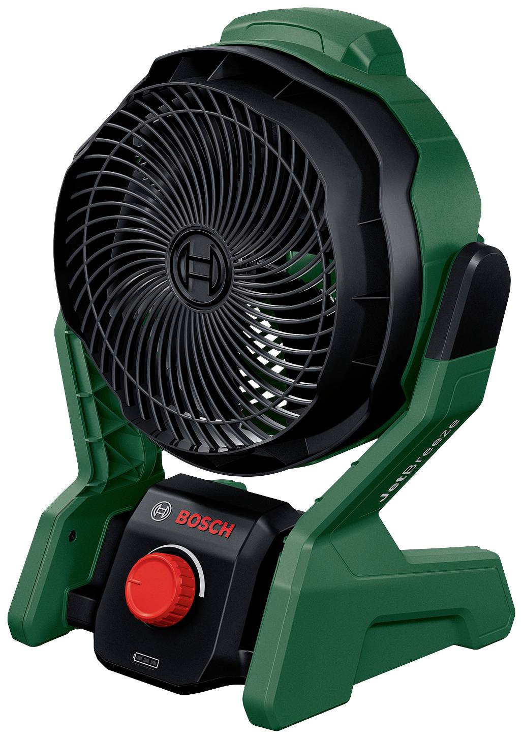 Zelen prenosni Boschev ventilator s črno rešetko in rdečim nastavljalnim gumbom.